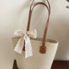 Straw Shoulder Bag with Lace Bow