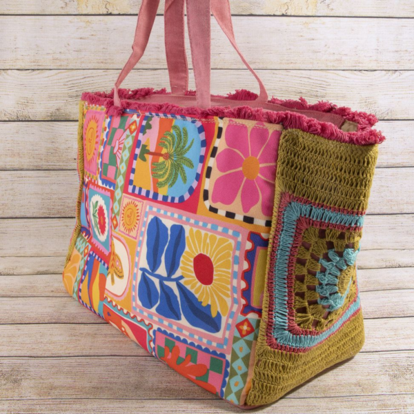 Folk Art Patchwork Fringe Crochet Canvas Tote Bag